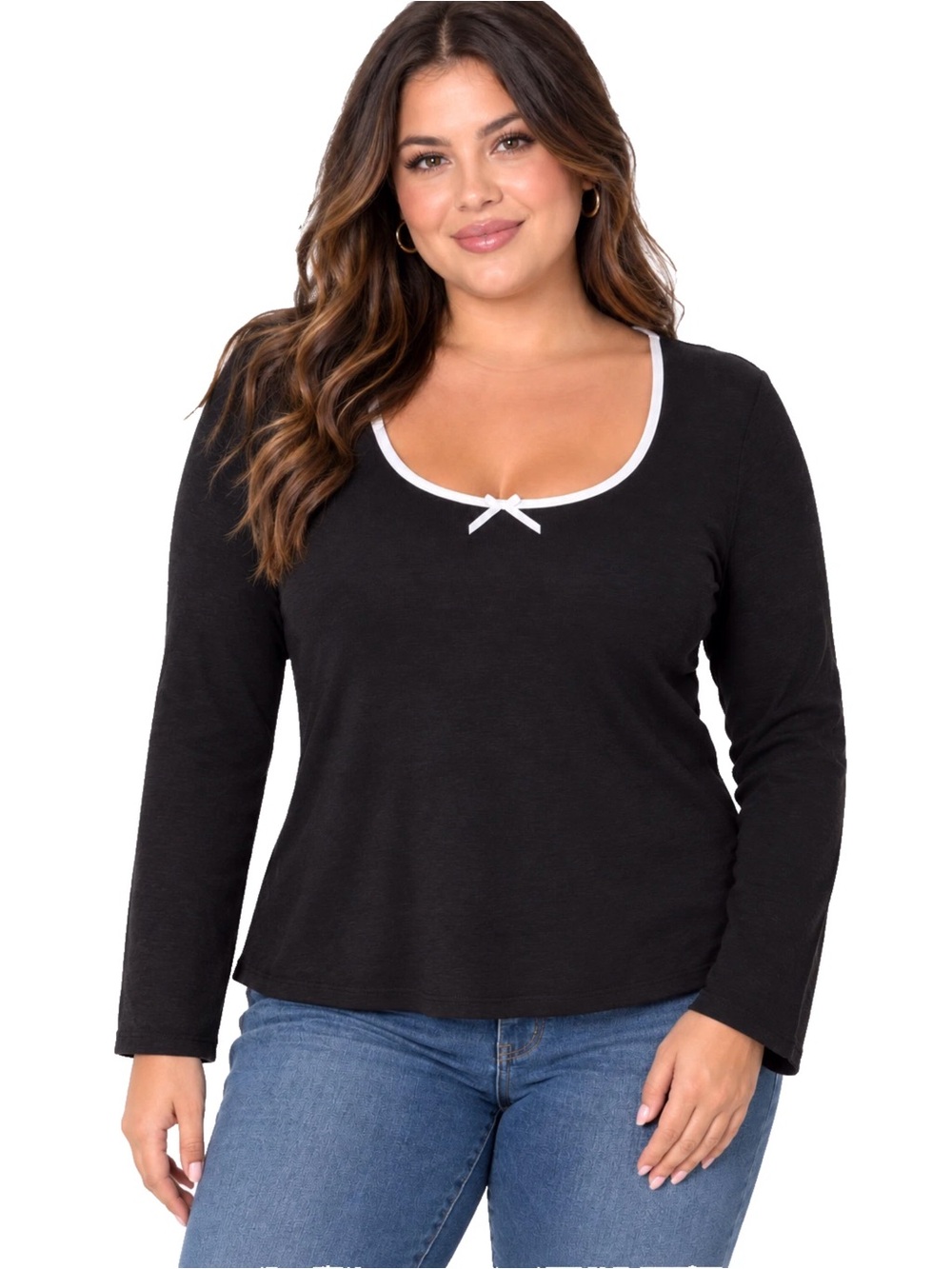 Black Long-Sleeve Scoop Neck Top with Contrast Trim size L